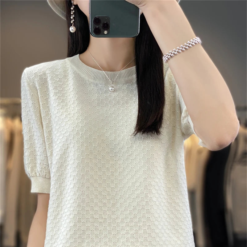🍒Vroue se tekstuur-T-hemp somer katoen tops kortmou effekleur tee ronde hals los bloes gemaklike kledingstuk