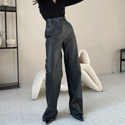 🍒Dames-PU-leertrousers met hoë middellyf, heupopheffing, modieuse reguitbeenbroek, slim gemaklike kledingstukke vir partytjies