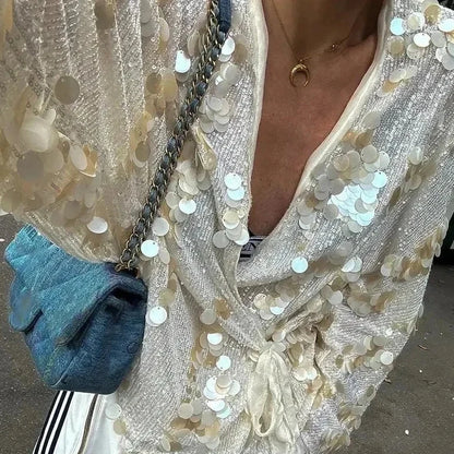 🍒Sequins bow tie jacket party long sleeve fashion short coat womens glitter party wear v-neck female long sleeve loose tops They Will SE'A Green When You Shimmer In This Winner