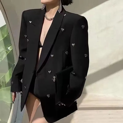 🍒Fashion lapel jacket metal hearts detail lapels blazer for women smart casual ladies office wear suit coat cool party wear occasion jacket Be A Boss GIrl And Wear Your Heart On Your Sleeve