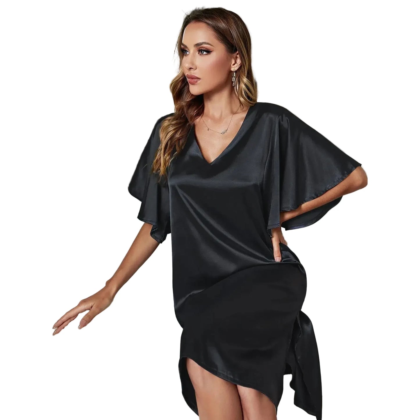 🍒Solid colour women's ice silk summer short sleeved satin night dress lounge wear for women shiny loungewear Stylely Smoothy Sleepy