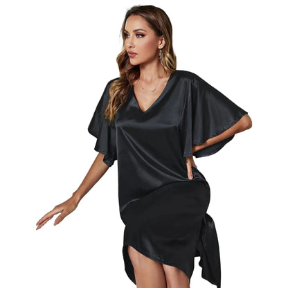 🍒Solid colour women's ice silk summer short sleeved satin night dress lounge wear for women shiny loungewear Stylely Smoothy Sleepy