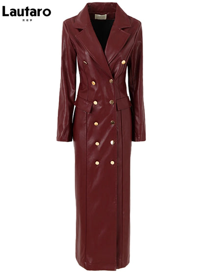 🍒Ekstra lang kunsleer trenchcoat vir dames dubbelbors luukse elegante lang slim gemaklike pu-oorjas Bly OP HOOGTE van DUBBEL neem-klere