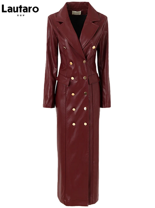 🍒Extra long faux leather trench coat for women double breasted luxury elegant long smart casual pu outerwear Keep aBREAST of DOUBLE take clothing