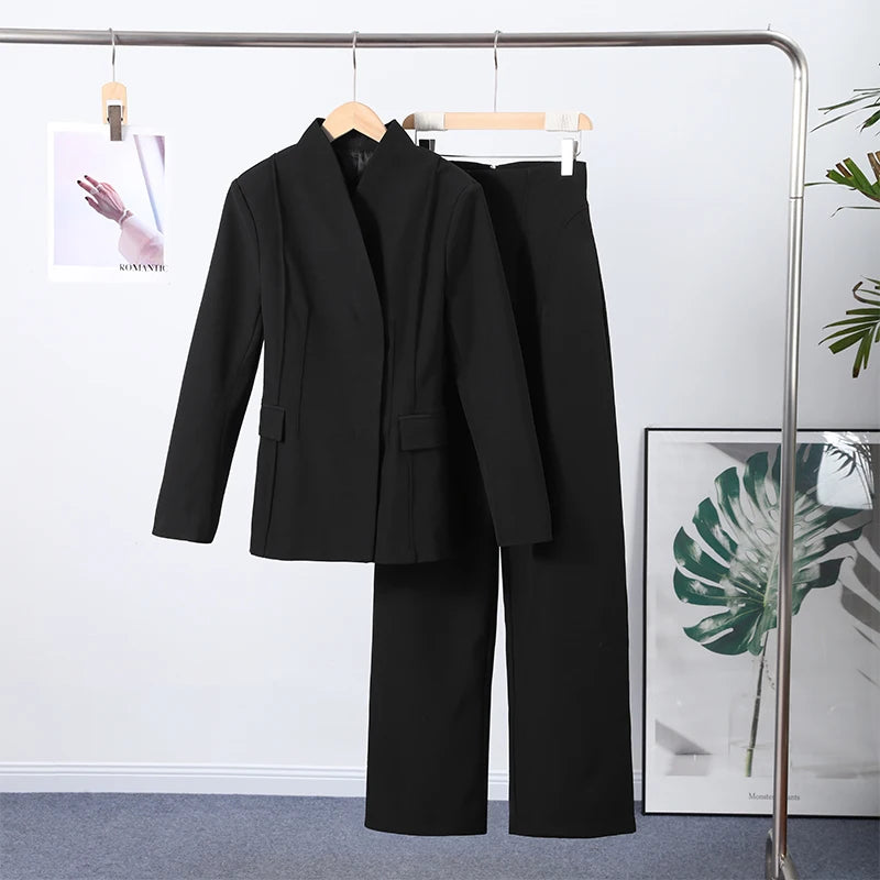 🍒Casual black blazer and pants set long sleeve jacket with fitted waist and long kick flare solid straight pant set women spring autumn suits  ‘Well fit