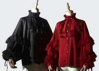 🍒Batwing sleeve shirt women lolita style loose red blouse for spring summer and autumn solid colour elegant top solid colour   Look Smooth In Your Ruffs