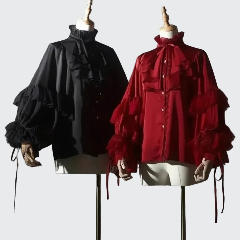 🍒Batwing sleeve shirt women lolita style loose red blouse for spring summer and autumn solid colour elegant top solid colour   Look Smooth In Your Ruffs