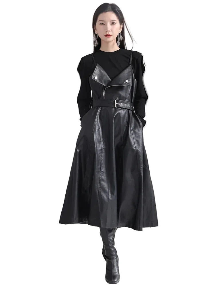 🍒Black faux leather dress spaghetti strap pu outfit with zip front sleeveless belted midi a-line dress party occasion wear sleeveless wear for women Like A Biker