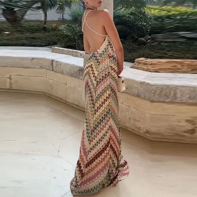 🍒Multi coloured backless dress sleeveless beachwear v-neck halter maxi vacation outfits for women high waist smart casual wear for women