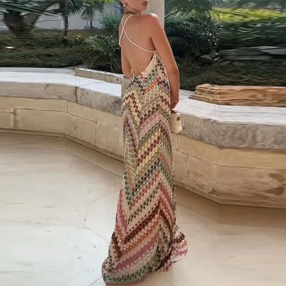 🍒Multi coloured backless dress sleeveless beachwear v-neck halter maxi vacation outfits for women high waist smart casual wear for women