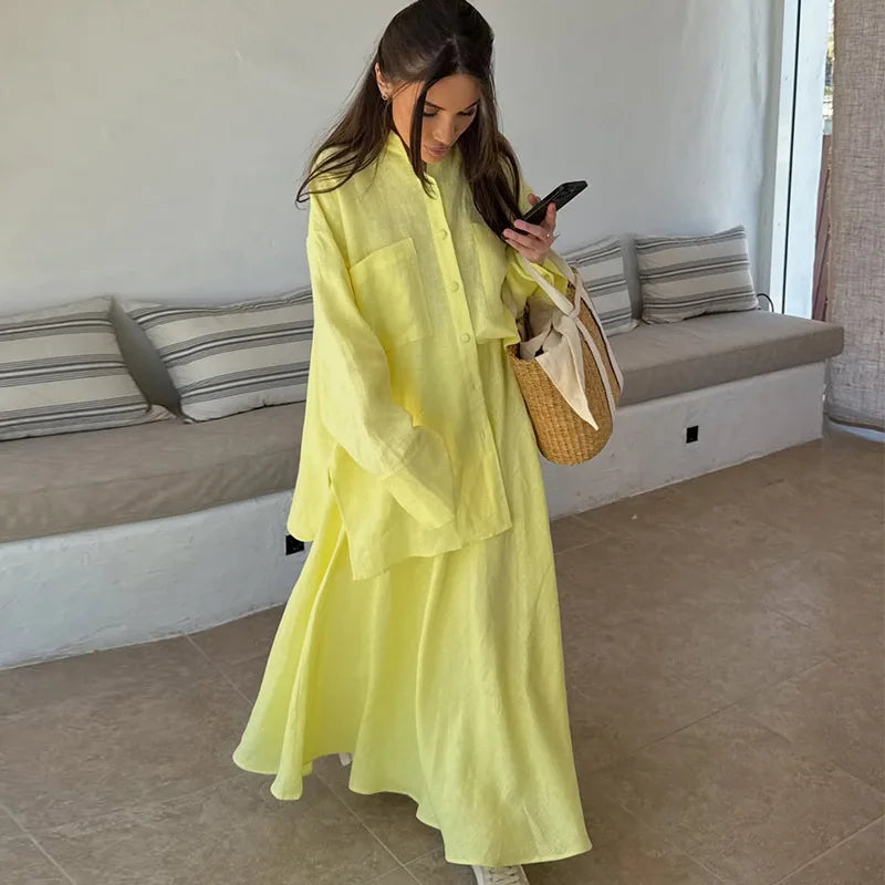 🍒Tweedelige vroueklere-stelle somerdrag afdraaikraag-hemp volmou-top plus gedrapeerde lang romp uitrusting maxi vroulike mode ontspanne slim gemaklike drag Kalk In Jou Suurlemoen