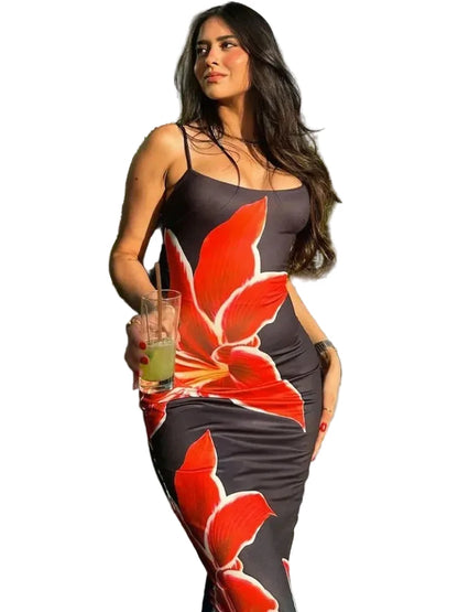 🍒 Summer printed maxi dress floral women spaghetti straps clothes holiday wear outfits backless fashion smart casual wear female long dress mini floral