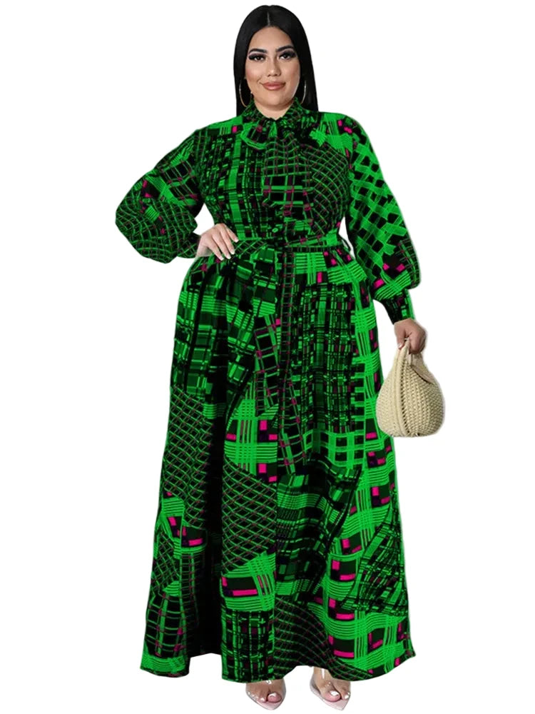 🍒Plus size vintage long sleeve dress print womens clothing fall dresses with belt loose maxi outfit long fashion smart casual women Mix Up Fashion