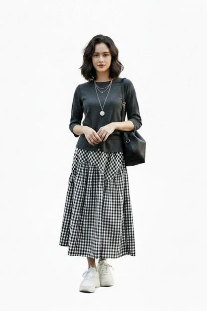 🍒Checkered a-line skirt high waisted tiered maxi skirt outfit all match loose pleated midaxi outfits for women fashion wear female casual wears  Chic Check