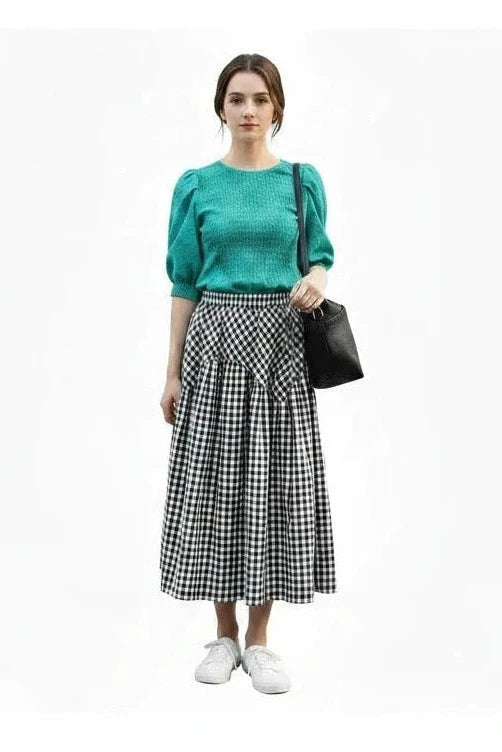 🍒Checkered a-line skirt high waisted tiered maxi skirt outfit all match loose pleated midaxi outfits for women fashion wear female casual wears  Chic Check