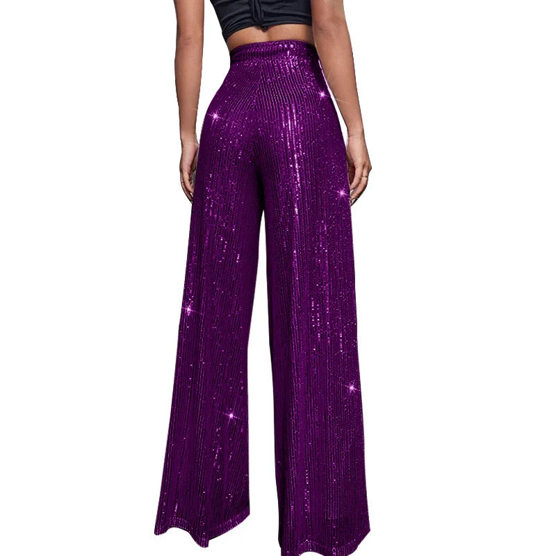 🍒Hoë middellyf sequin-broeke vonkel los gemaklike wyepypbroek klokonderkant-broeke glinster klubdrag partytjiedrag Alles Vonkel In Glans En Glans