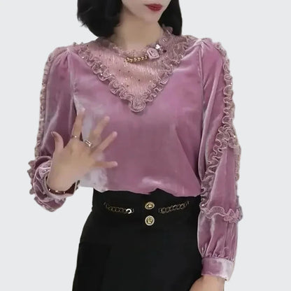 🍒Velvet patchwork blouse sweet womens ruffle top puff sleeve shirt vintage style clothing baroque beading sequin luxury lace fashion wear Move Into mauve