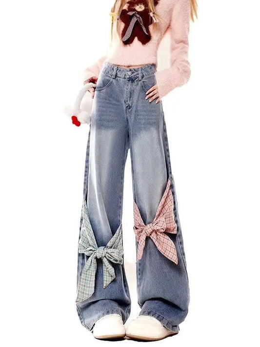 🍒Amerikaanse retro geruite lappieskombers-strikke-damesjeans met strikke in wat vasgemaak of losgelaat kan word soos verkies Y2k wyebeenbroek Sweep These Sweets