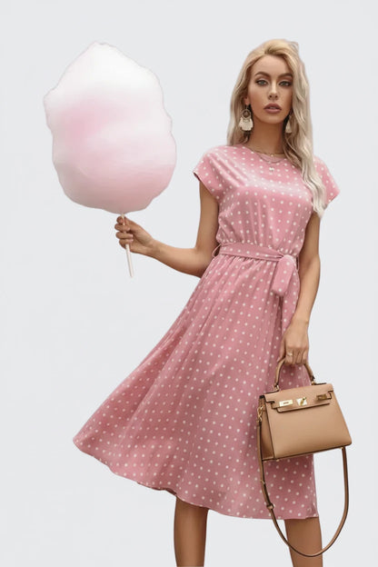 🍒Summer dresses for women high waist midi outfit with pleats elegant pleated polka dots short sleeve fashion office clothing vacation wear  Don’t Delay Dotties