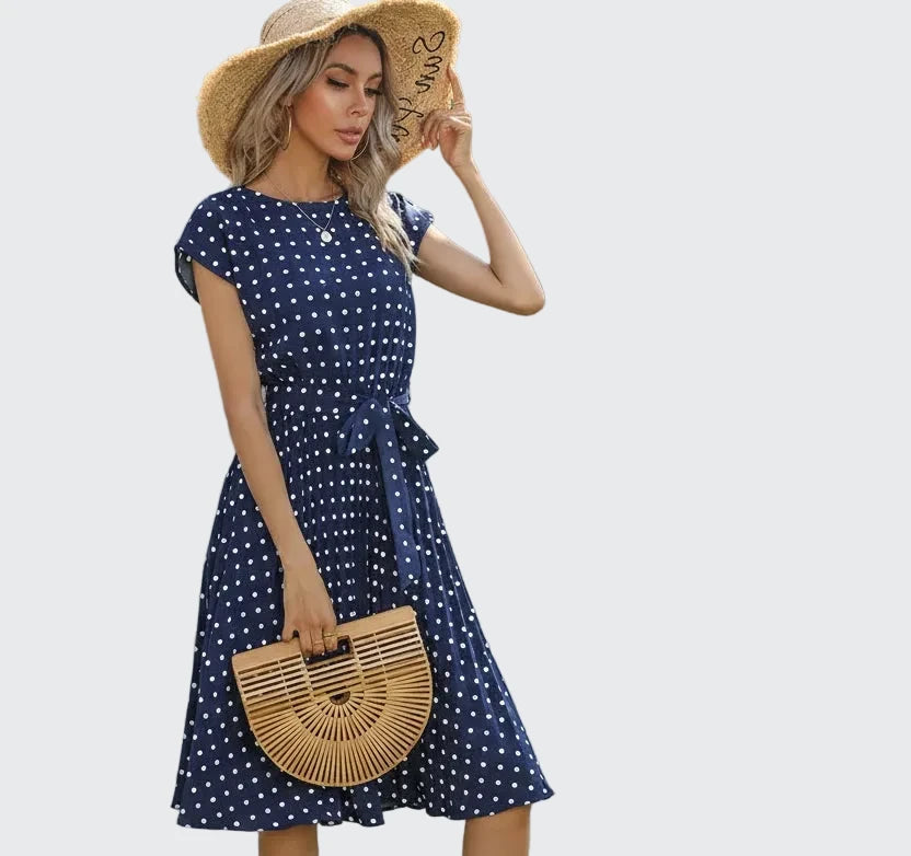 🍒Summer dresses for women high waist midi outfit with pleats elegant pleated polka dots short sleeve fashion office clothing vacation wear  Don’t Delay Dotties