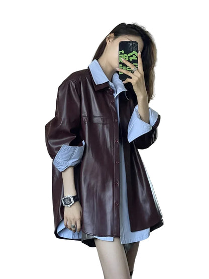 🍒Shirt style jackets faux leather womens oversized outerwear solid single breasted spring/autumn stylish vintage turn-down collar windbreak casual coats chic female clothing     Luvly Lazy-Like Leather Look