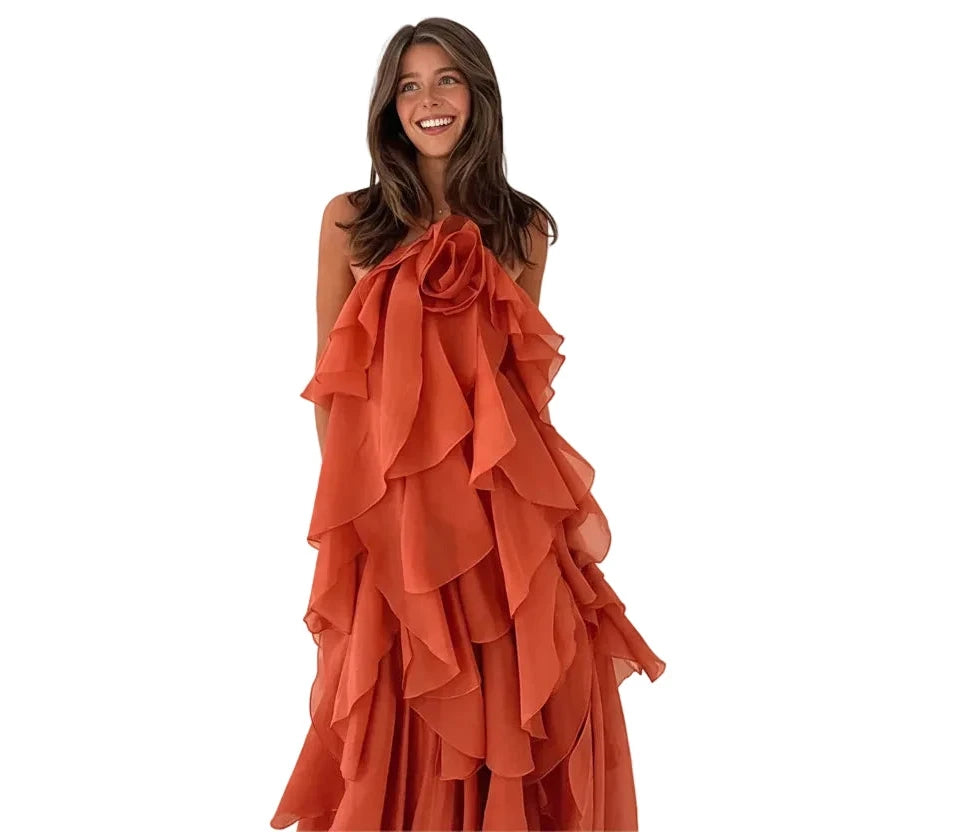 🍒Ruffles long dress for women 3d fower backless sleeveless outfit slim fit maxi dress summer fashion clothing holiday party wear beach layer occasion clothes Maxi-mum Ruffle Without Kerfuffle