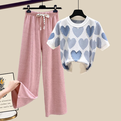 🍒Tweedelige stelpak elegante gebreide t-hemp met liefdeshartjie-top vir vroue en gemaklike wyebeenbroekstelle elegante gemaklike klere huisdrag klere Hou van Hierdie Stel