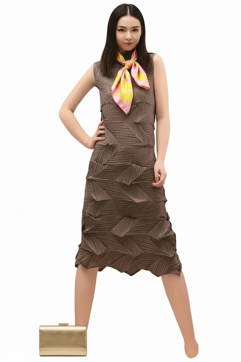 🍒Sleeveless pleated dress for women turtleneck outfit single colour solid fashion smart casual women party wear occasion clothing style 3D fold designer dresses Fashion A Fold