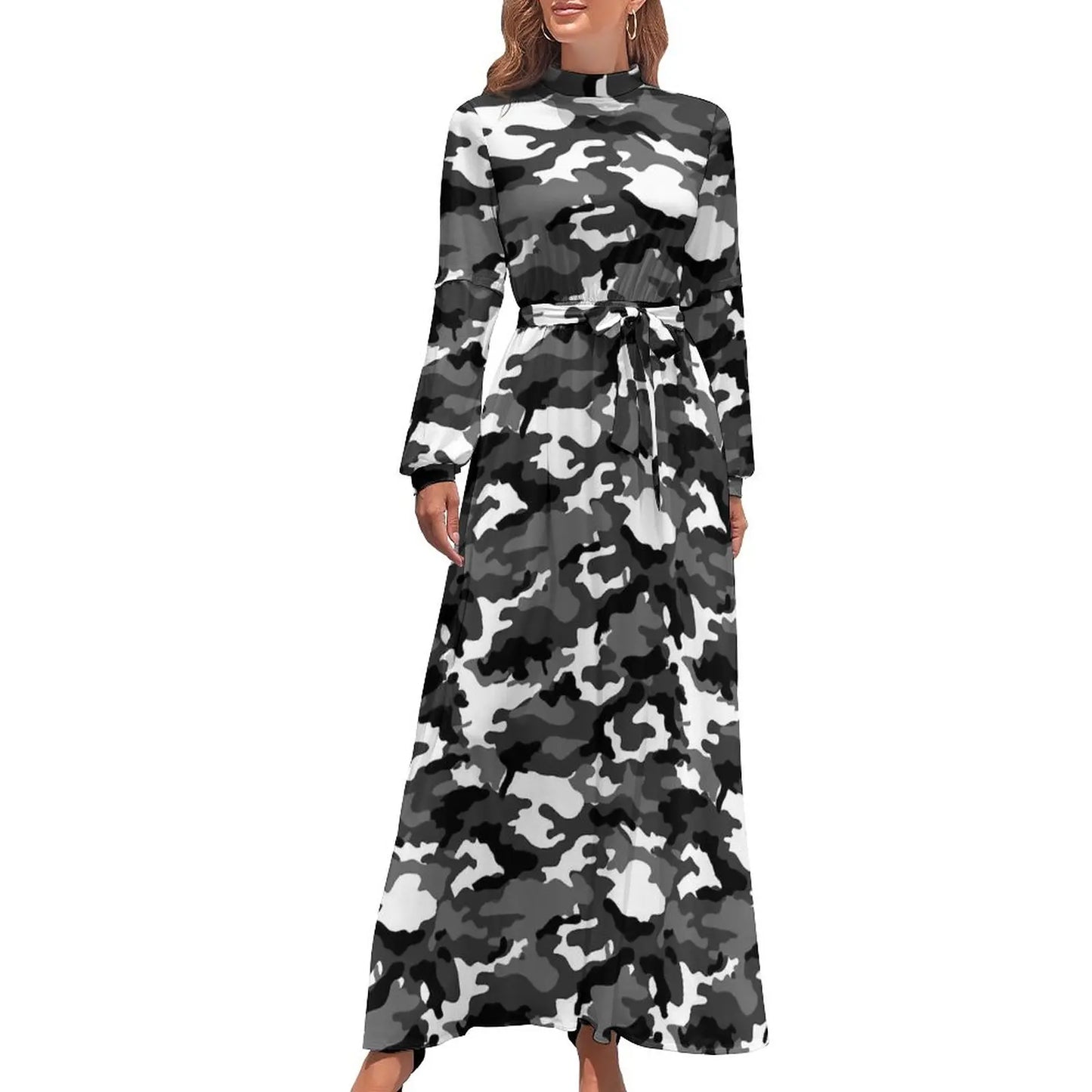 🍒Militêre kamoefleerrok hoë middellyf uitrusting boheemse sjiek langmou maxi stylvolle slim gemaklike klere vroue Camodel Camo