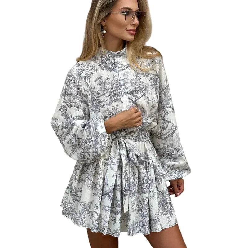 🍒Printed mini dress long sleeve clothes for hot weather o-neck outfit a line flare short china print smart casual female clothes fashion beach party wear holiday wear  Drink Cocktails In Your China
