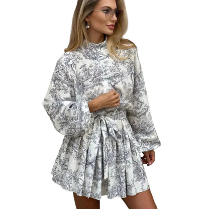 🍒Printed mini dress long sleeve clothes for hot weather o-neck outfit a line flare short china print smart casual female clothes fashion beach party wear holiday wear  Drink Cocktails In Your China