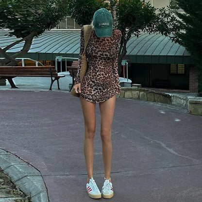 🍒Leopard print long sleeve mini dress party club wear animal print mesh outfit sheer occasion wear Get Your Junk In A Jungle