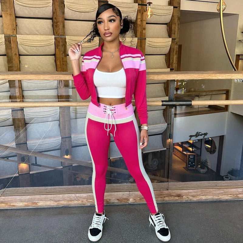 🍒Fashion tracksuit 2 piece set colour block fashion long sleeve Jacket with zipper and sporty pants for women fitness gym outfit female casual clothes Sport Colour