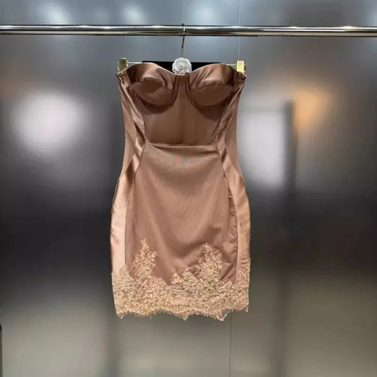 🍒Fashion hot girl summer dress womens tube top outfit style tight waist bra cup dress lace trim spring and summer party wear occasion wear