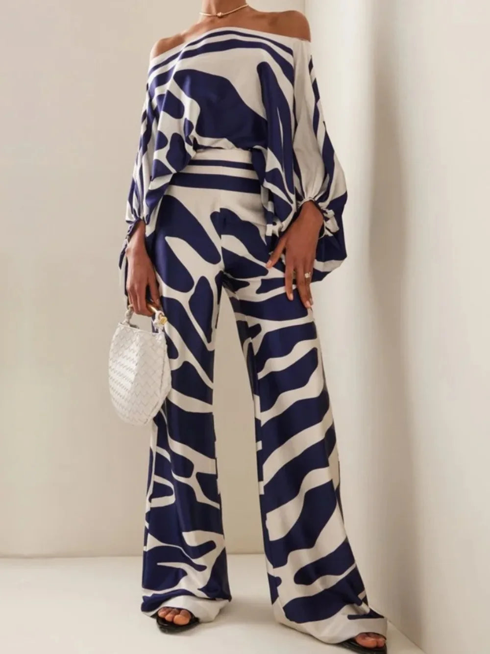 🍒Two piece set lantern sleevelu satin bouse top and wide leg pant suit off shoulder long sleeve set smart casual office wear women party occasion wear