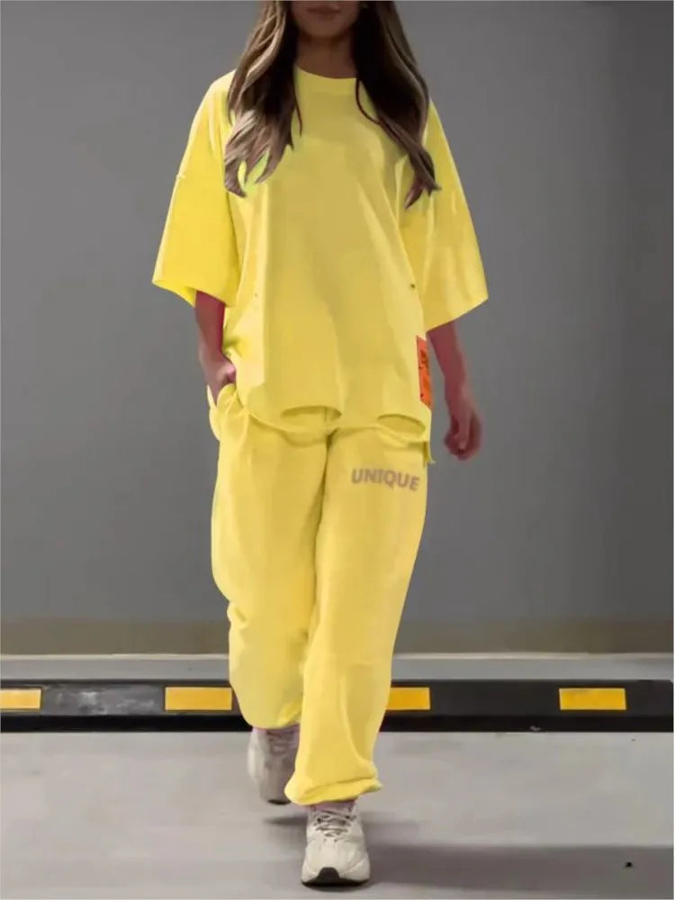 🍒Neon summer clothes fashion hollowed out o neck solid t shirt women's two piece set relaxed casual tracksuit for women with pocket pants Stand Out In Neon