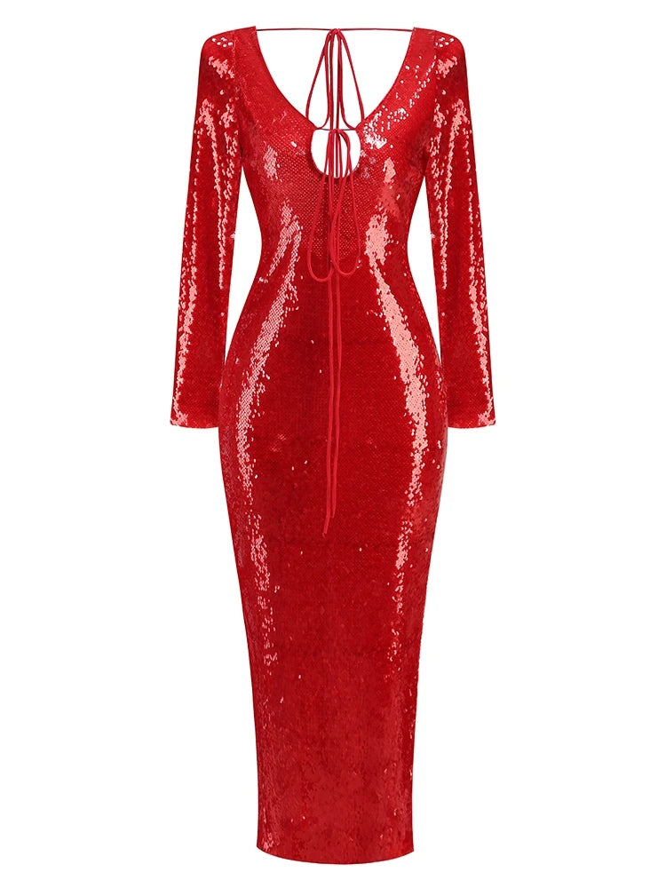 🍒Women's red sequins dress cut out front tie string backless fashion long sleeve evening outfits midaxi shiny party cocktail gowns Catch A Taxi In Ya' Maxi