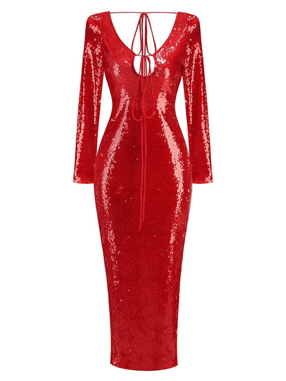 🍒Women's red sequins dress cut out front tie string backless fashion long sleeve evening outfits midaxi shiny party cocktail gowns Catch A Taxi In Ya' Maxi