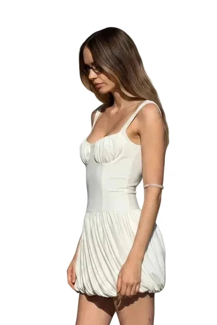 🍒Spaghetti strap puffy dress backless short v-neck mini outfits with spaghetti straps solid ruched slim bud pleated a-line clothing birthday partywear Perfect Pink Powder Puff