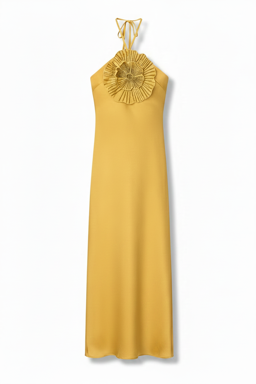 🍒Party dress for women gold outfit for ladies with 3D flower Halter sleeveless backles maxi satin occasion wear evening wear for holiday italian made feminine dresses for summer chic fashion Fem Fleur Fashion