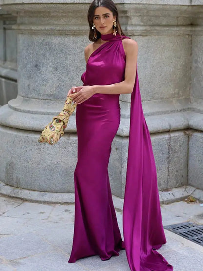 🍒Satin halter neck dress with scarf collar maxi dresses for women sleeveless backless long dress holiday wear evening party outfits Get Ready For A Trail Of Compliments
