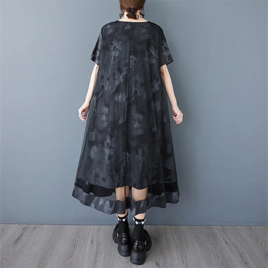🍒Short sleeve oversized dress black smart casual clothing women's mesh outfit midsize evening party wear vintage loose long summer clothing