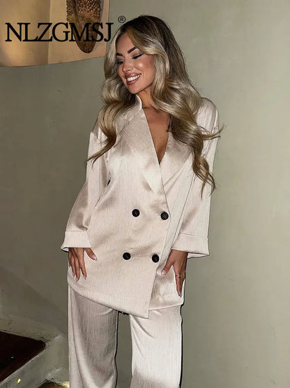 🍒Gemaklike baadjie en broekpak vir vroue langmou dubbelborsbaadjie + wye been broek kantoorklere slim gemaklike mode drag geleentheidsklere Bly Op Die Hoogte Van Die Dubbelbors