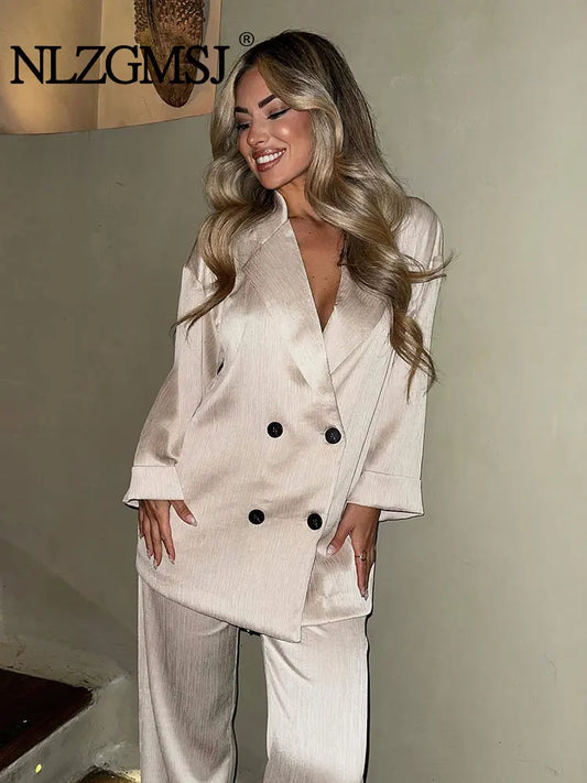 🍒Gemaklike baadjie en broekpak vir vroue langmou dubbelborsbaadjie + wye been broek kantoorklere slim gemaklike mode drag geleentheidsklere Bly Op Die Hoogte Van Die Dubbelbors