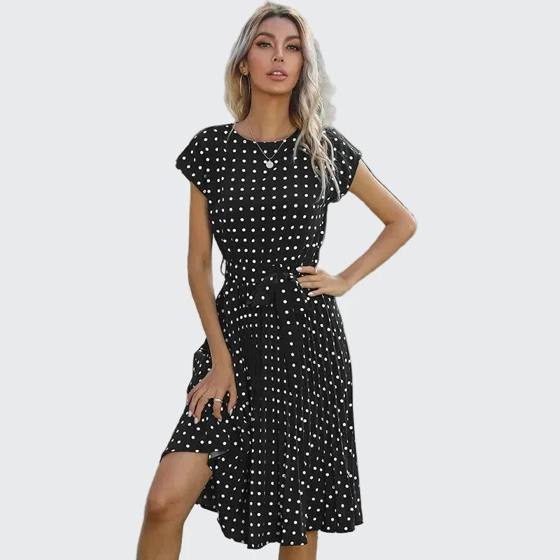 🍒Summer dresses for women high waist midi outfit with pleats elegant pleated polka dots short sleeve fashion office clothing vacation wear  Don’t Delay Dotties
