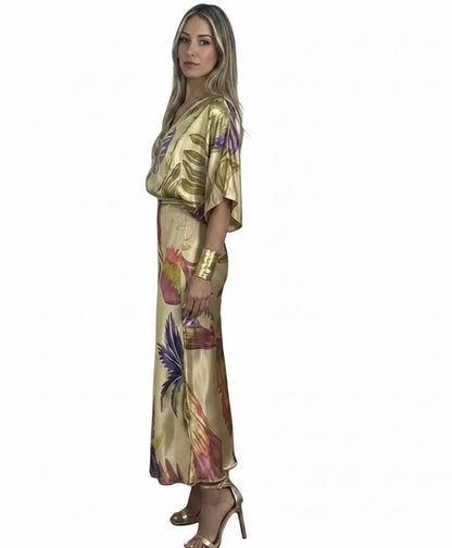 🍒Party two piece printed shirt and skirt set v-neck three quarter sleeve shirts for women high waist skirts for women two piece evening outfits female occasion clothing