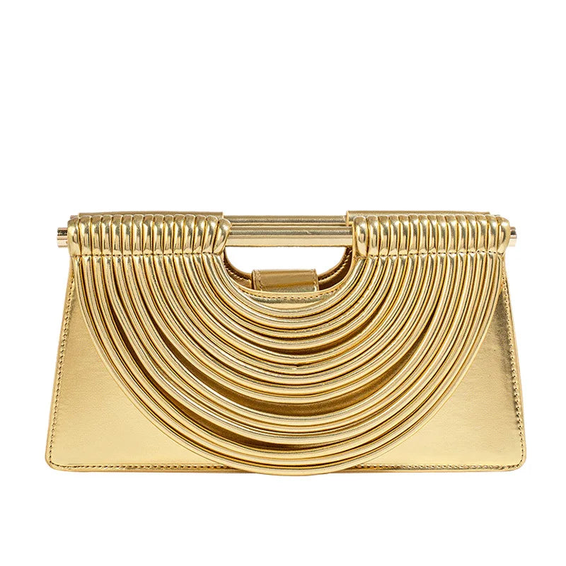 🍒Handwoven style Women's gold crossbody bag clutch handle occasion handbags smart casual strands pu material soft Texture triangle shape shoulder bag Strands Of Style