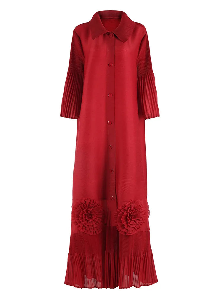 🍒Loose women's dress high-end chic lapel outfit with flared sleeves 3d floral fashion maxi  single breasted coat dress party occasion wear Flowers At Your Feet frock