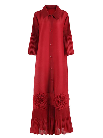 🍒Loose women's dress high-end chic lapel outfit with flared sleeves 3d floral fashion maxi  single breasted coat dress party occasion wear Flowers At Your Feet frock