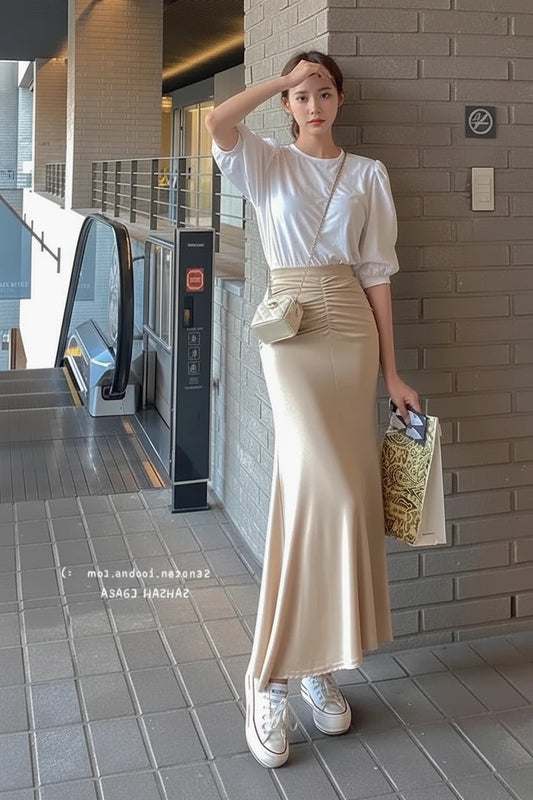 🍒女士缎面半身裙高腰A字优雅夏季服装 适合各种场合的时尚长裙 确保您的褶皱整齐服帖